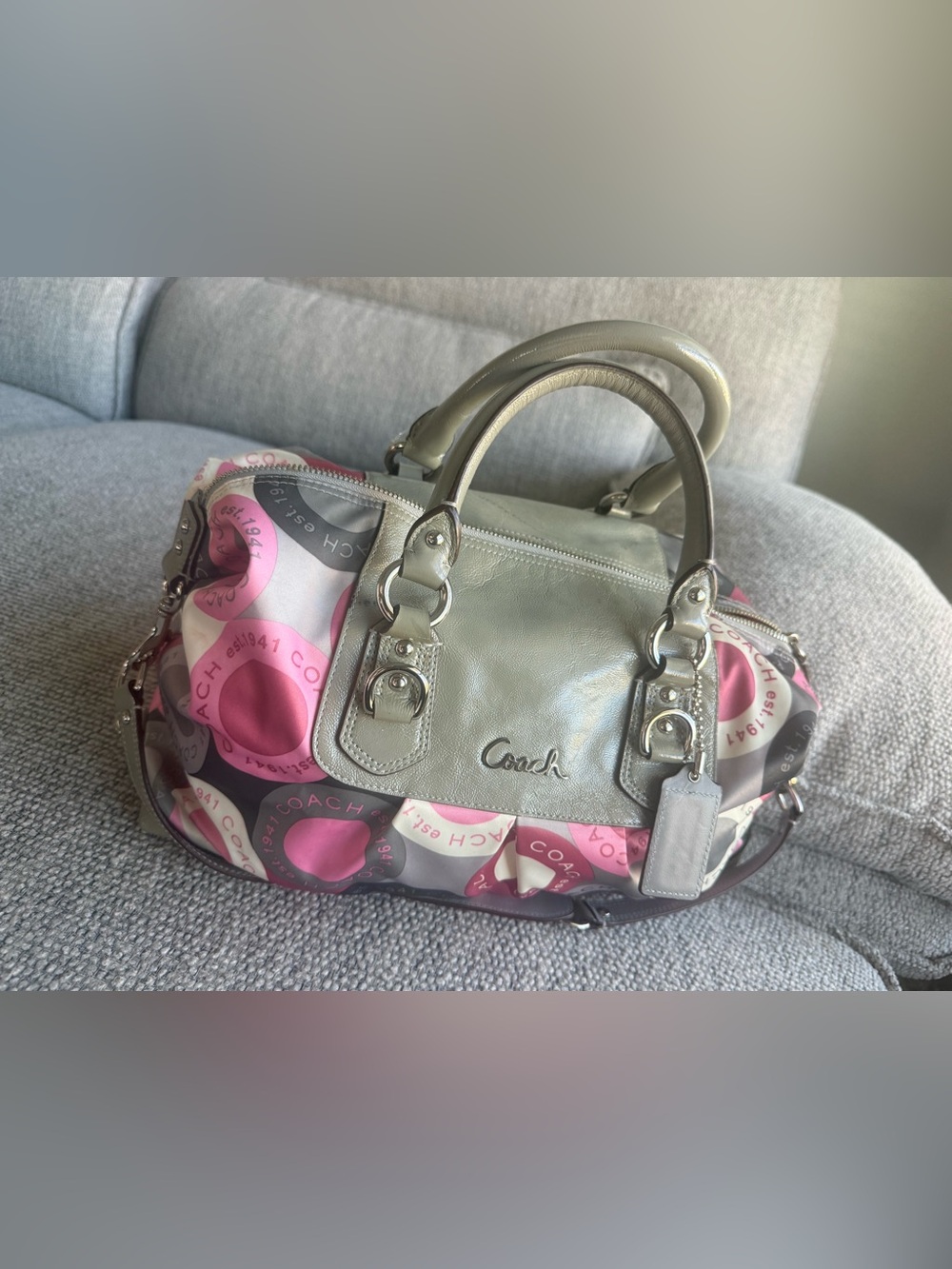 Coach Pink and Gray Signature Dome Satchel